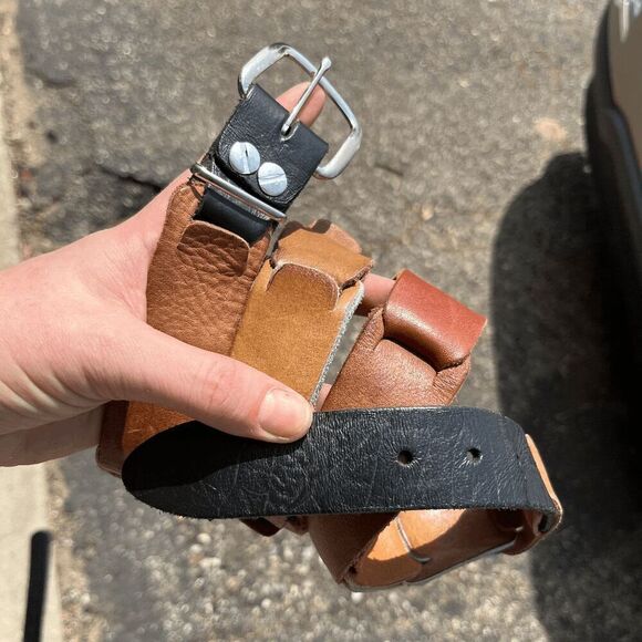 Vintage 70s Multitone Leather Loop Belt Rustic Artisan Patchwork Unisex - Picture 2 of 8